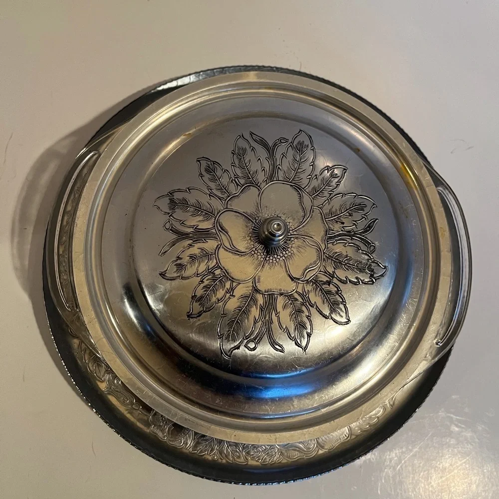 Vintage Pyrex Two Quart Clear Glass Dish with Etched Aluminum Cover and Base